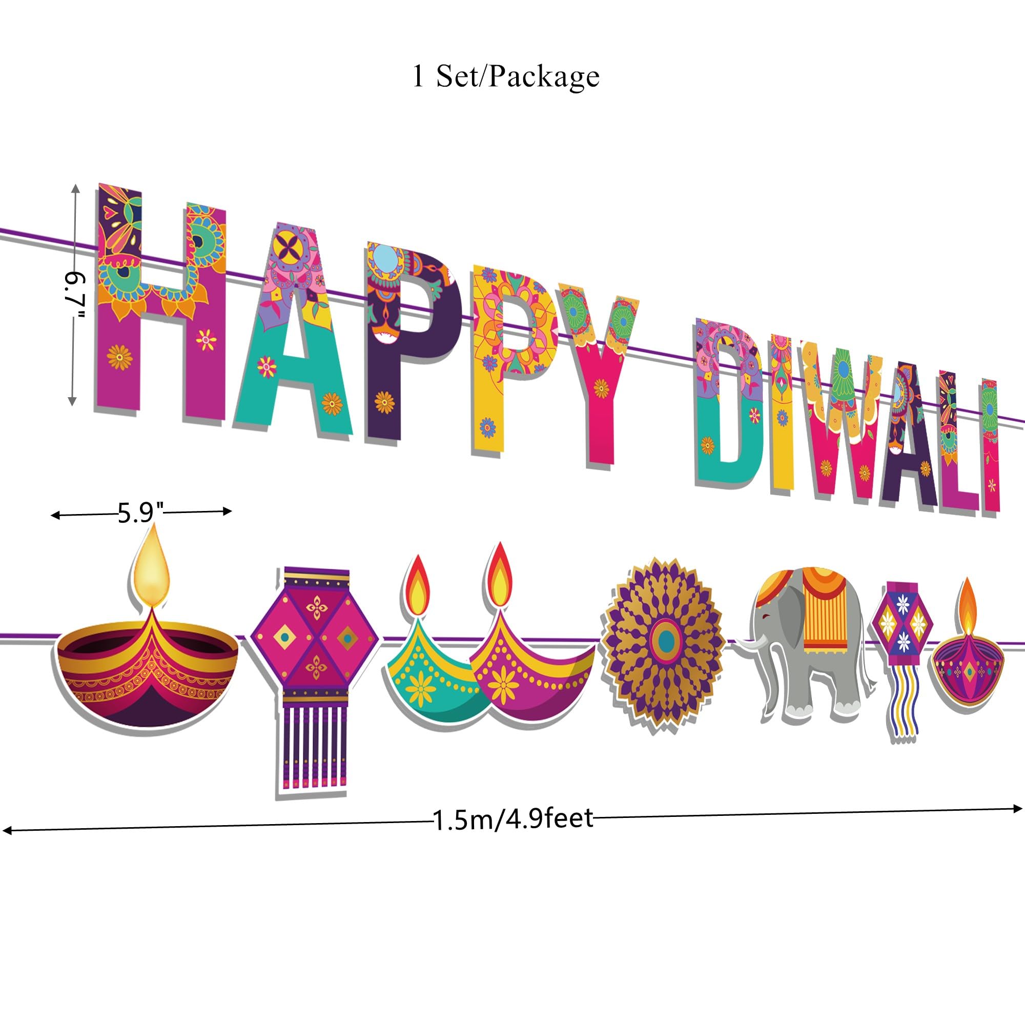 KYMY Happy Diwali Paper Banners, Deepavali Themed Pennants Hanging Banners, Indian Festival of Lights Paper Banner Sign and Diwali Pennants for India Diwali Party Decorations