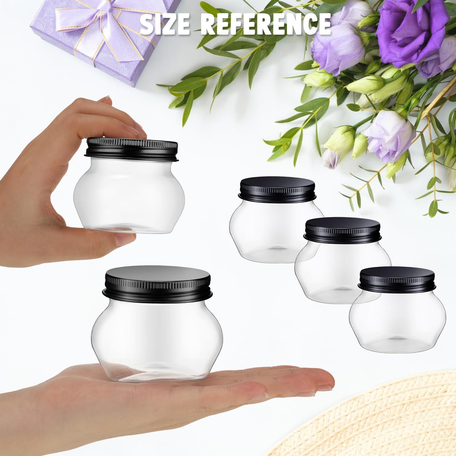 48 Pcs 4 oz Clear Plastic Jars with Lids Wide Mouth Mason Canning Jars Mini Storage Containers Bulk for Herb Jelly Wedding Favors Shower Party Favors (Black)