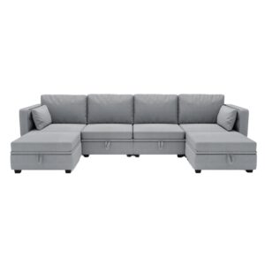 WILLIAMSPACE 110" Sectional Sofa Couch for Living Room, Modern Modular U-Shape Sofa with Storage Seats & Reversible Chaise & Adjustable Armrest, 6 Seat Convertible Sofa for Home Office (Grey)