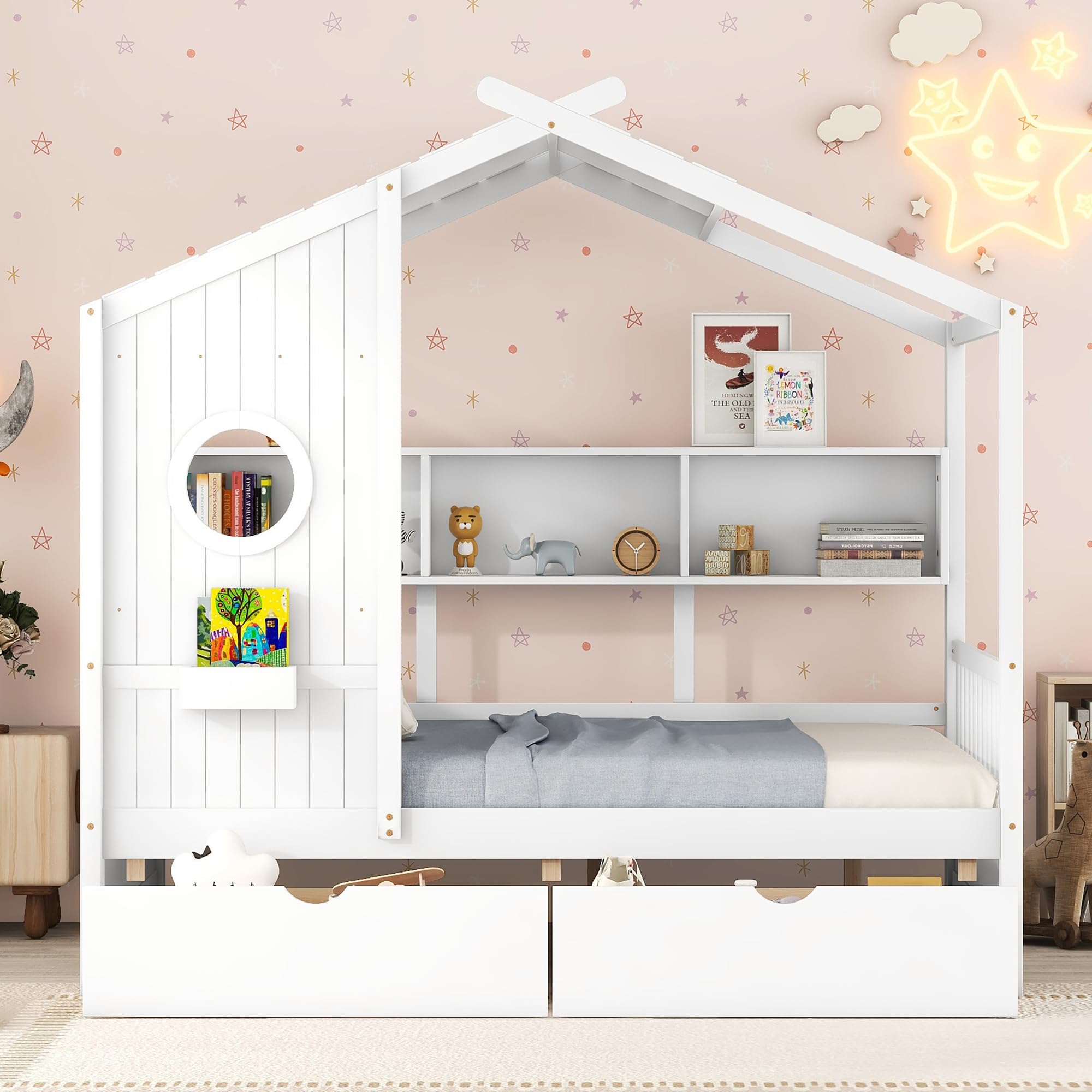 Full Size House Bed with Storage Drawers and Shelves, Wood Montessori House Bed Frame, Kids Playhouse Tent Bed for Girls Boys, White