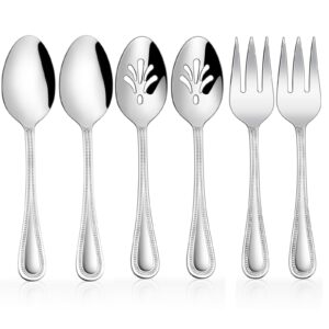 serving set, haware 6 pieces stainless steel silverware serving utensils, pearled edge hostess serving set for buffet party kitchen restaurant, mirror finished & dishwasher safe