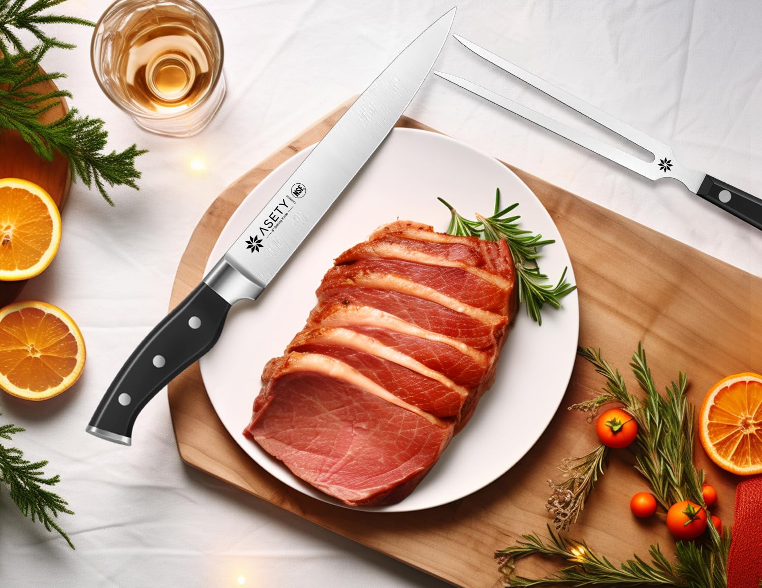 ASETY Carving Knife Set, High Carbon Stainless Steel Carving Knife and Fork Set, 2 PCS Carving Set for Turkey, Meat, BBQ, Brisket, NSF Food Safe, Full Tang Slicing Knife with Gift Box