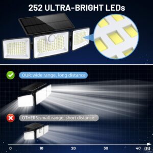 daphino Solar Lights Outdoor, 2500LM 252LEDs Solar Motion Lights Outside, 3 Head 355° Wide Angle Street Area Lights, IP67 Waterproof Spot Lights with 7.9 * 3.5in Tempered Glass Solar Panel(2 Pack)