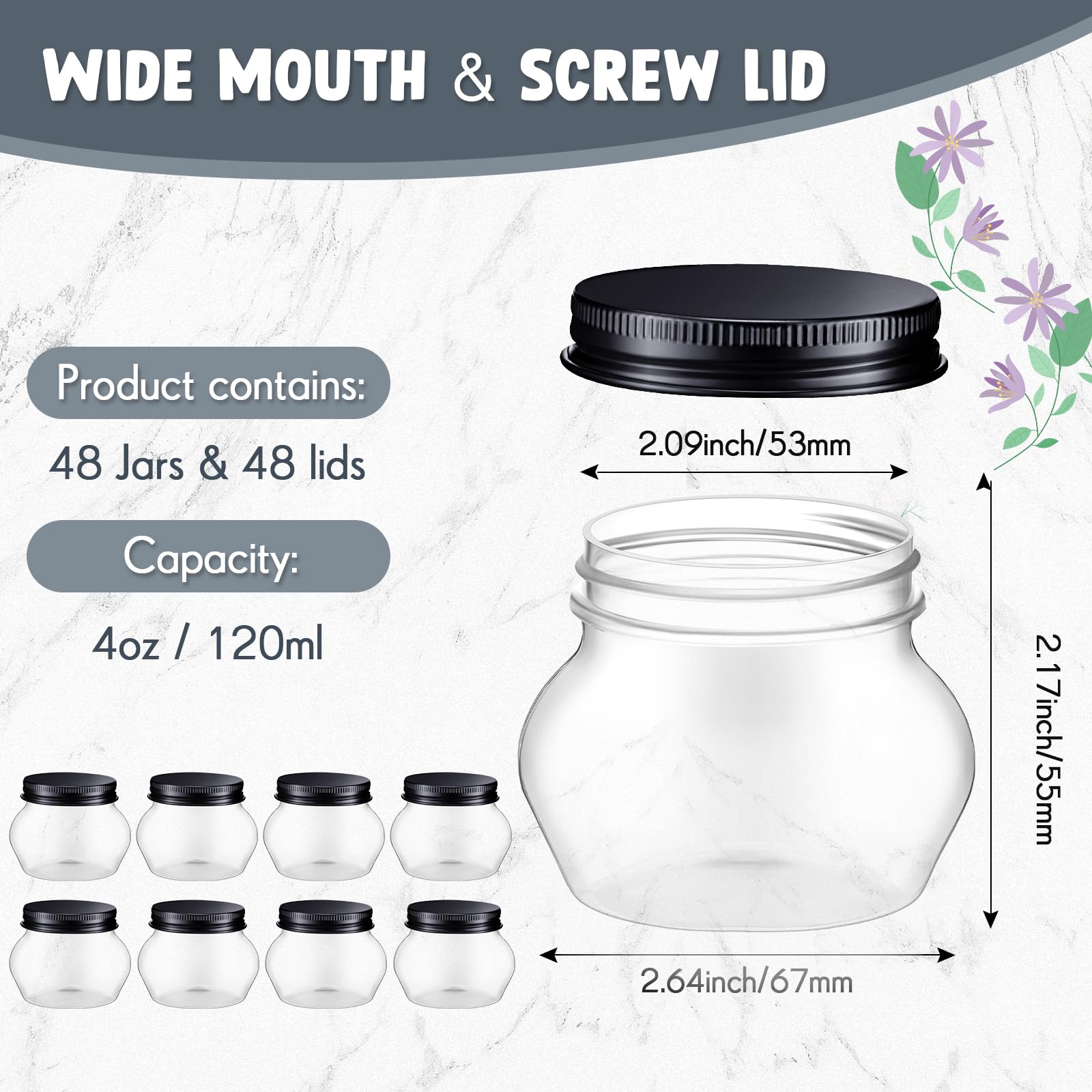 48 Pcs 4 oz Clear Plastic Jars with Lids Wide Mouth Mason Canning Jars Mini Storage Containers Bulk for Herb Jelly Wedding Favors Shower Party Favors (Black)