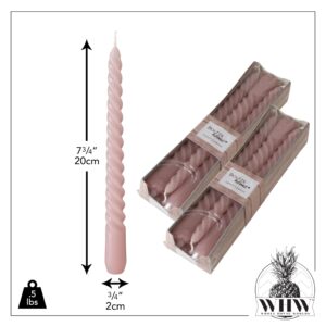 12 Piece Pale Rose Pink Twist Taper Candles, 2 Boxed Sets of 6, 4 Hours Burn Time, Paraffin Wax, 7.75 Inches