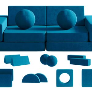 Kids Couch, 12PCS Fold Out Toddler Couch with 2 Balls and Tunnel, Modular Kids Couch for Playroom, Kids Play Couch for Kickball Game, Pitching Game, Over 30 Creative Gameplay Couch for Kids (Blue)