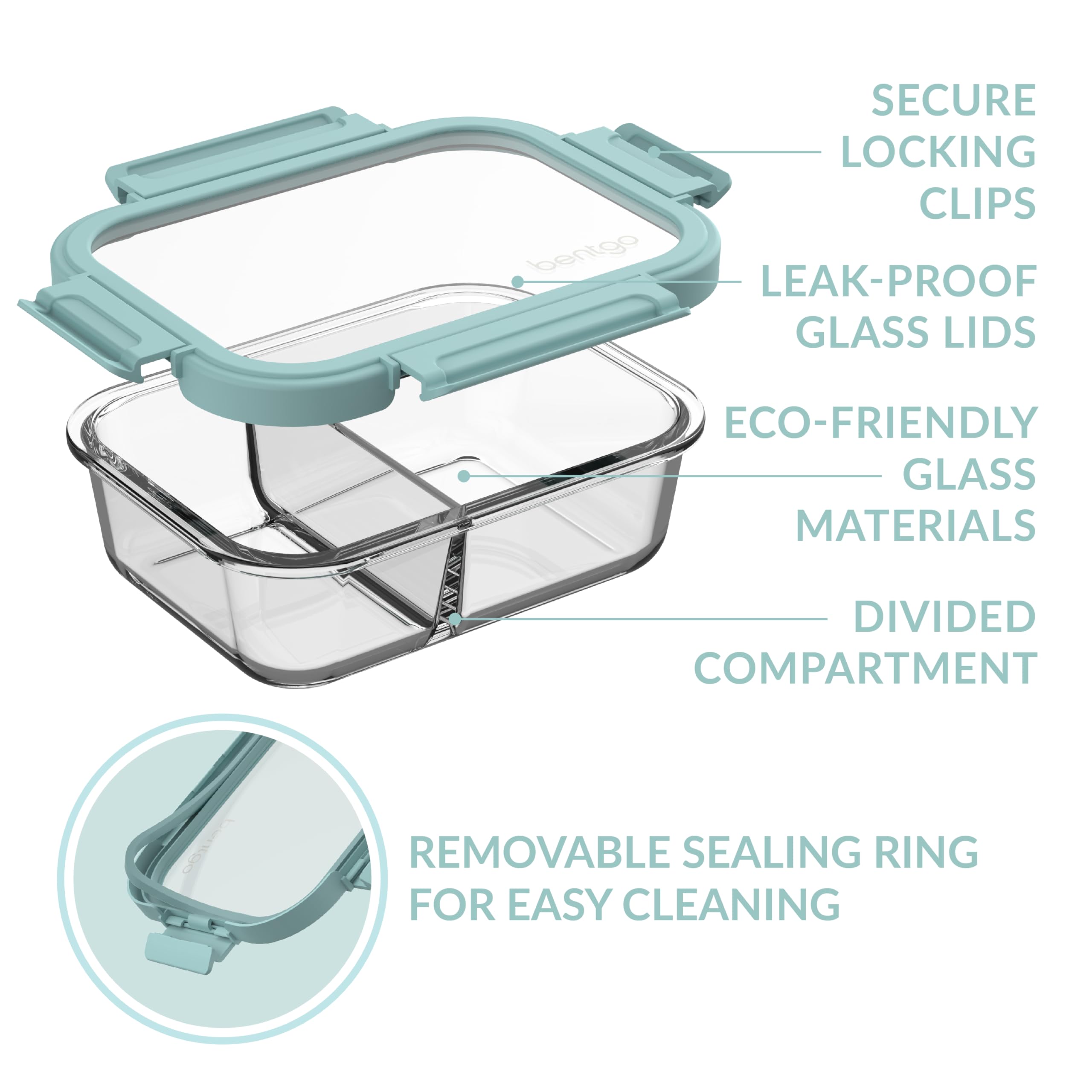 Bentgo Glass Leak-Proof Meal Prep Set - 4-Piece Lunch & Dinner 2-Compartment Glass Food Containers with Glass Lids - Reusable, BPA-Free, Microwave, Freezer, Oven & Dishwasher Safe (Seafoam/Seaglass)