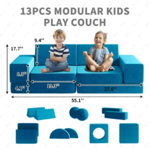 Kids Couch, 12PCS Fold Out Toddler Couch with 2 Balls and Tunnel, Modular Kids Couch for Playroom, Kids Play Couch for Kickball Game, Pitching Game, Over 30 Creative Gameplay Couch for Kids (Blue)