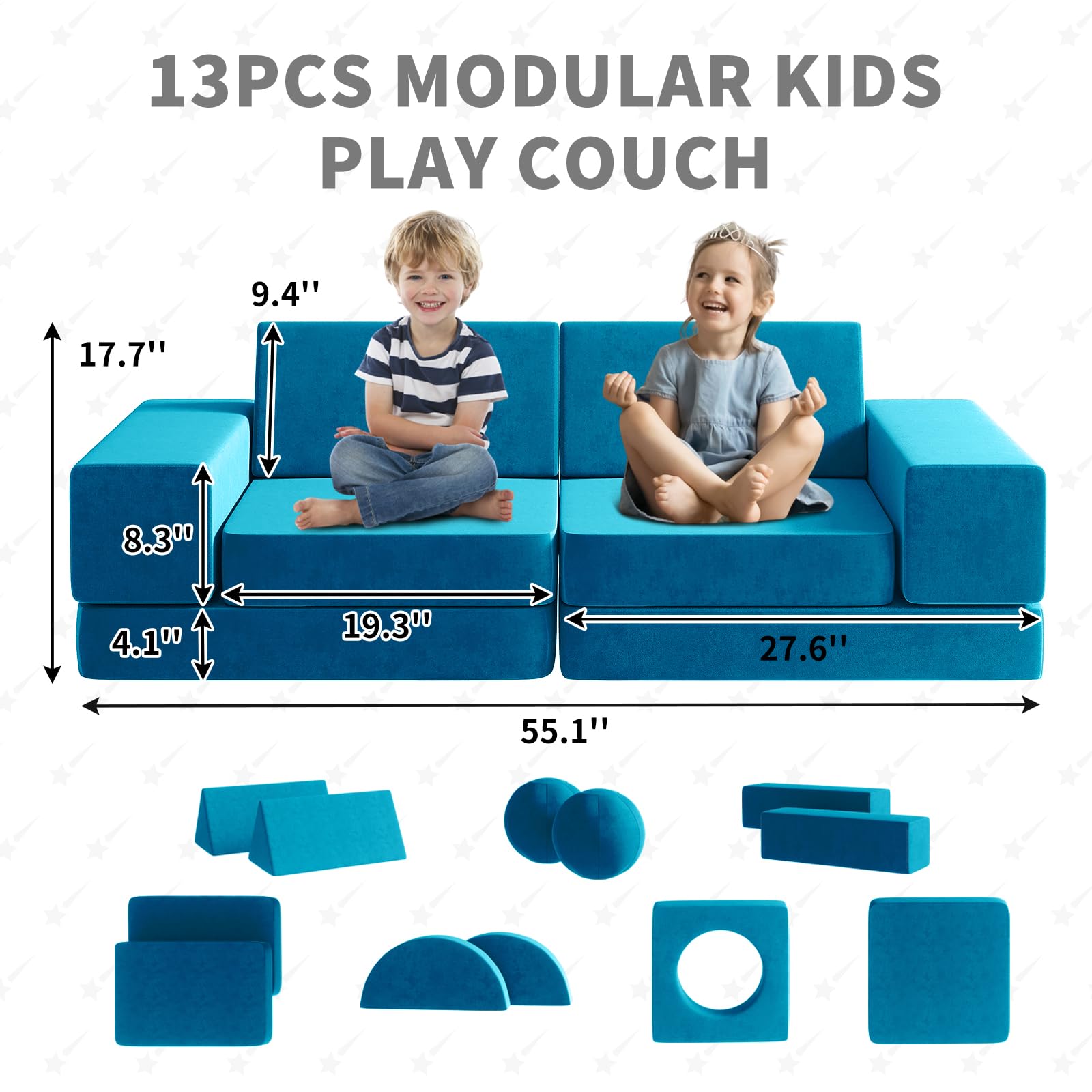 Kids Couch, 12PCS Fold Out Toddler Couch with 2 Balls and Tunnel, Modular Kids Couch for Playroom, Kids Play Couch for Kickball Game, Pitching Game, Over 30 Creative Gameplay Couch for Kids (Blue)