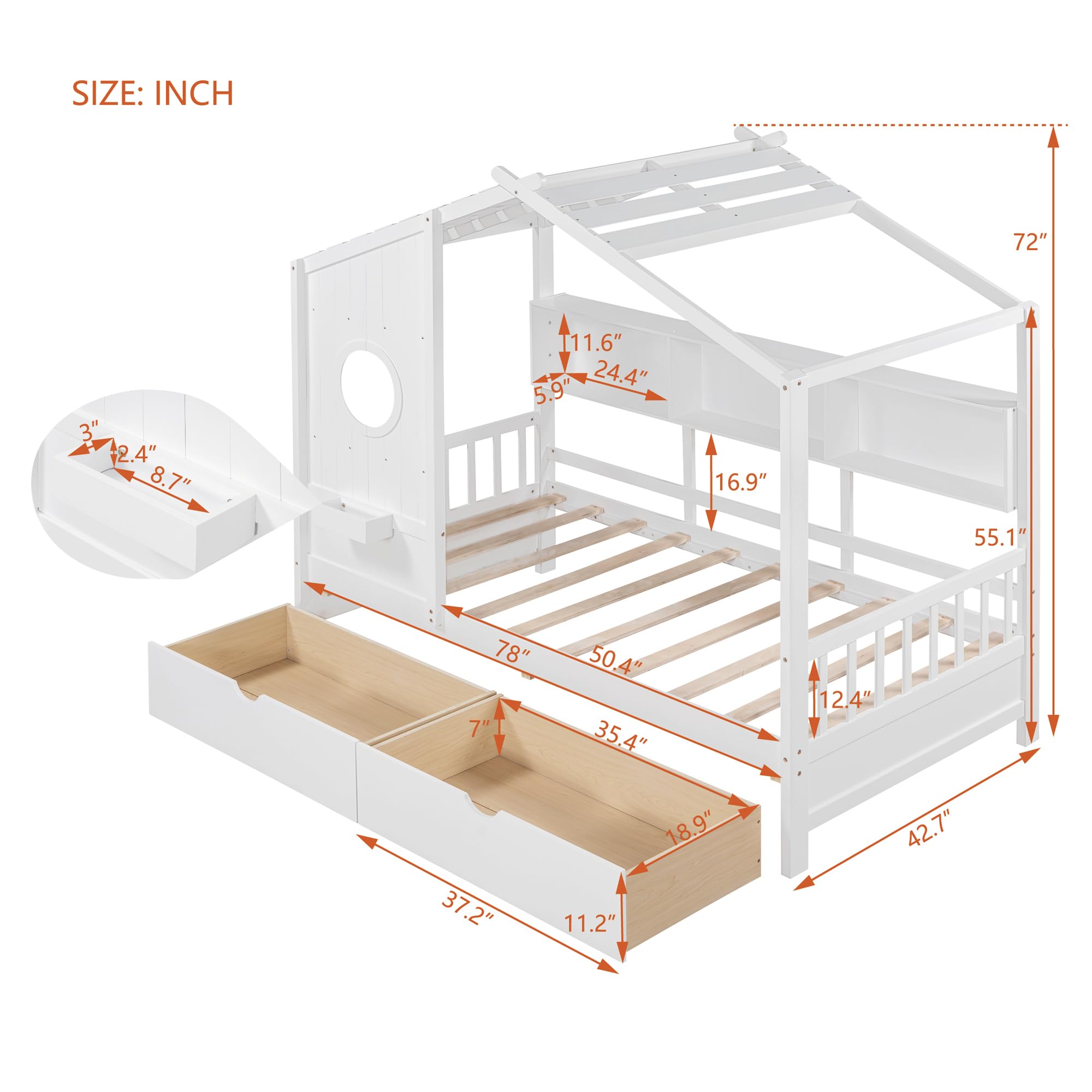 Twin Size House Bed with Storage Drawers and Shelves, Wood Montessori House Bed Frame, Kids Playhouse Tent Bed for Girls Boys, White