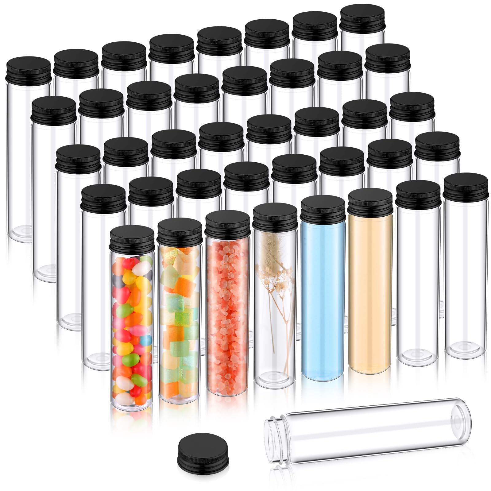 Hsei 40 Pcs Plastic Test Tubes with Lids 110ml Clear Tubes Flat Bottomed Tubes for Candy Spices Dried Flowers Seed Bead Liquids Powders Science Party Supplies Christmas Gift(Clear, Black Lid)