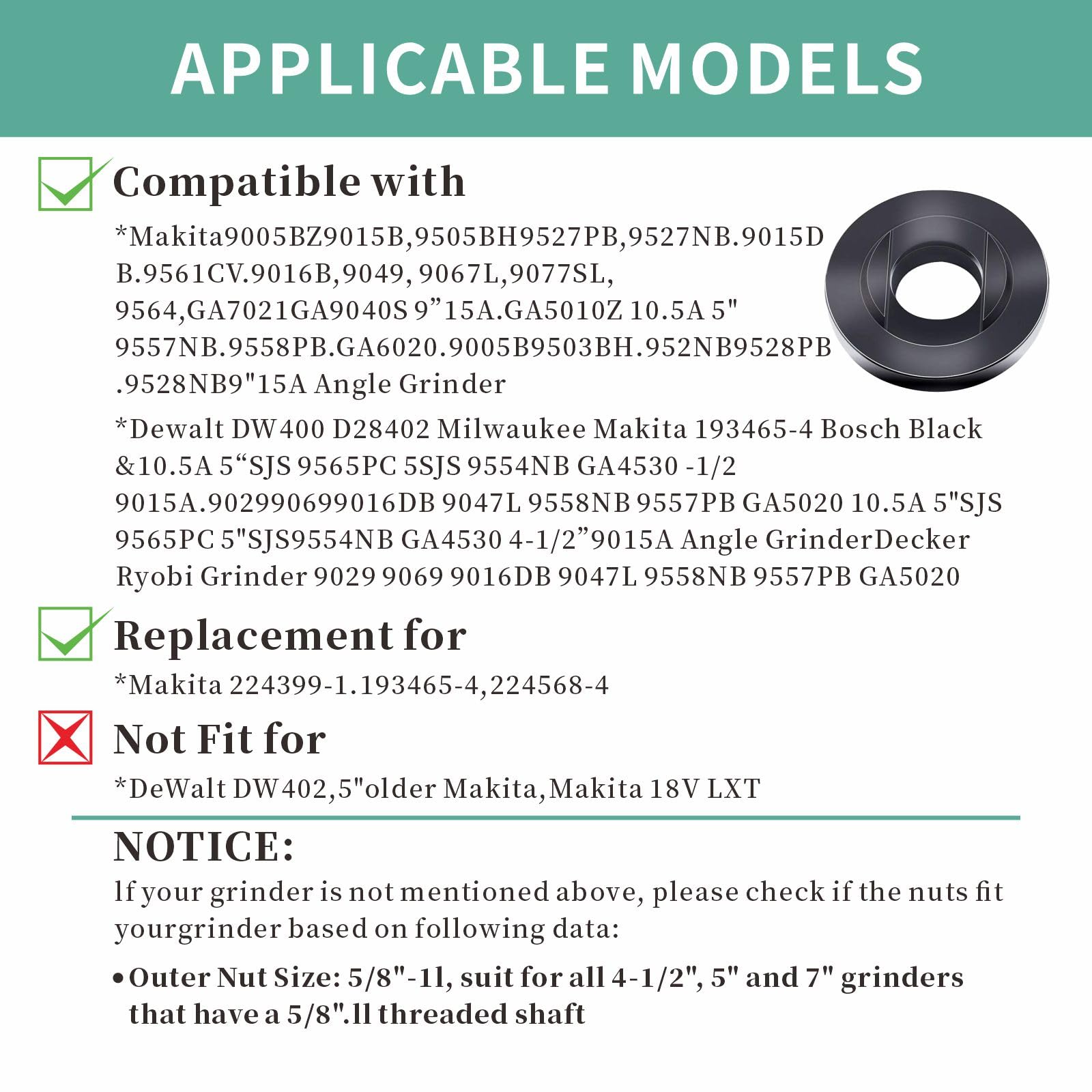 Fyjbnh 9PCS Angle Grinder Nut Angle Grinder Wrench Kit 5/8-11 Flange Metal Lock Nut for Compatible with Dewalt Milwaukee Makita193465-4 Metabo Bosch 4.5" 5" Grinder Parts