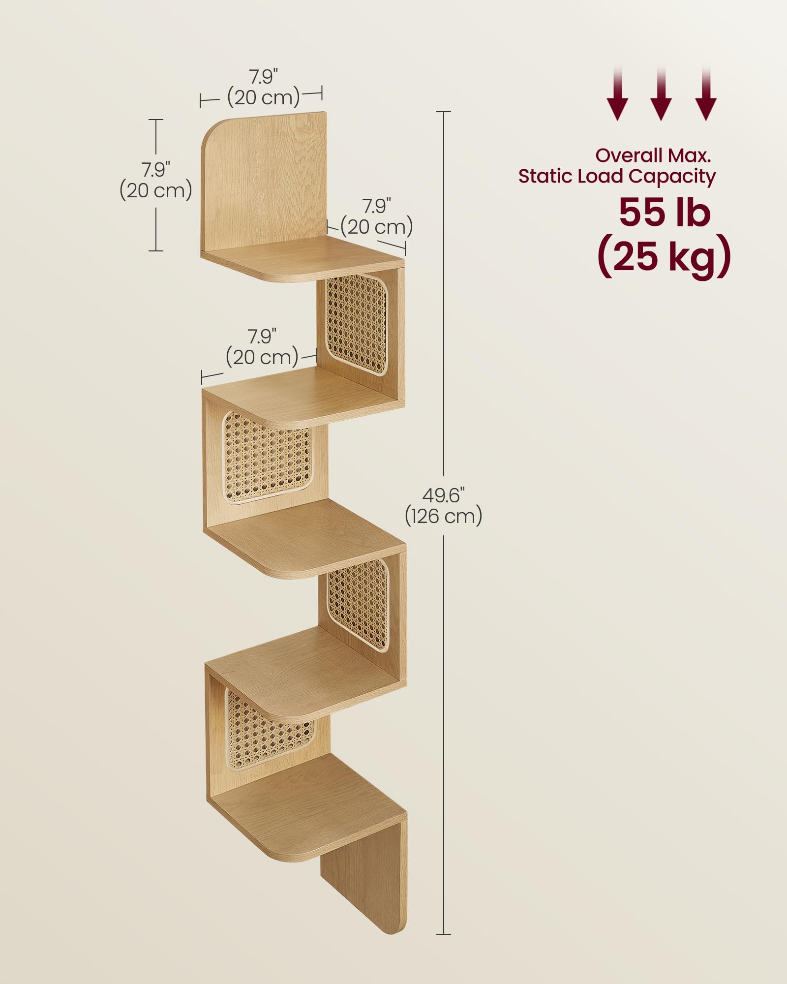 VASAGLE 5-Tier Corner Shelf, Wall Mounted Floating Shelf, Zigzag Corner Shelf Unit, PVC Rattan Sides, Space-Saving, for Kitchen, Living Room, Bedroom, Boho Style, Oak Beige ULLS582Y57