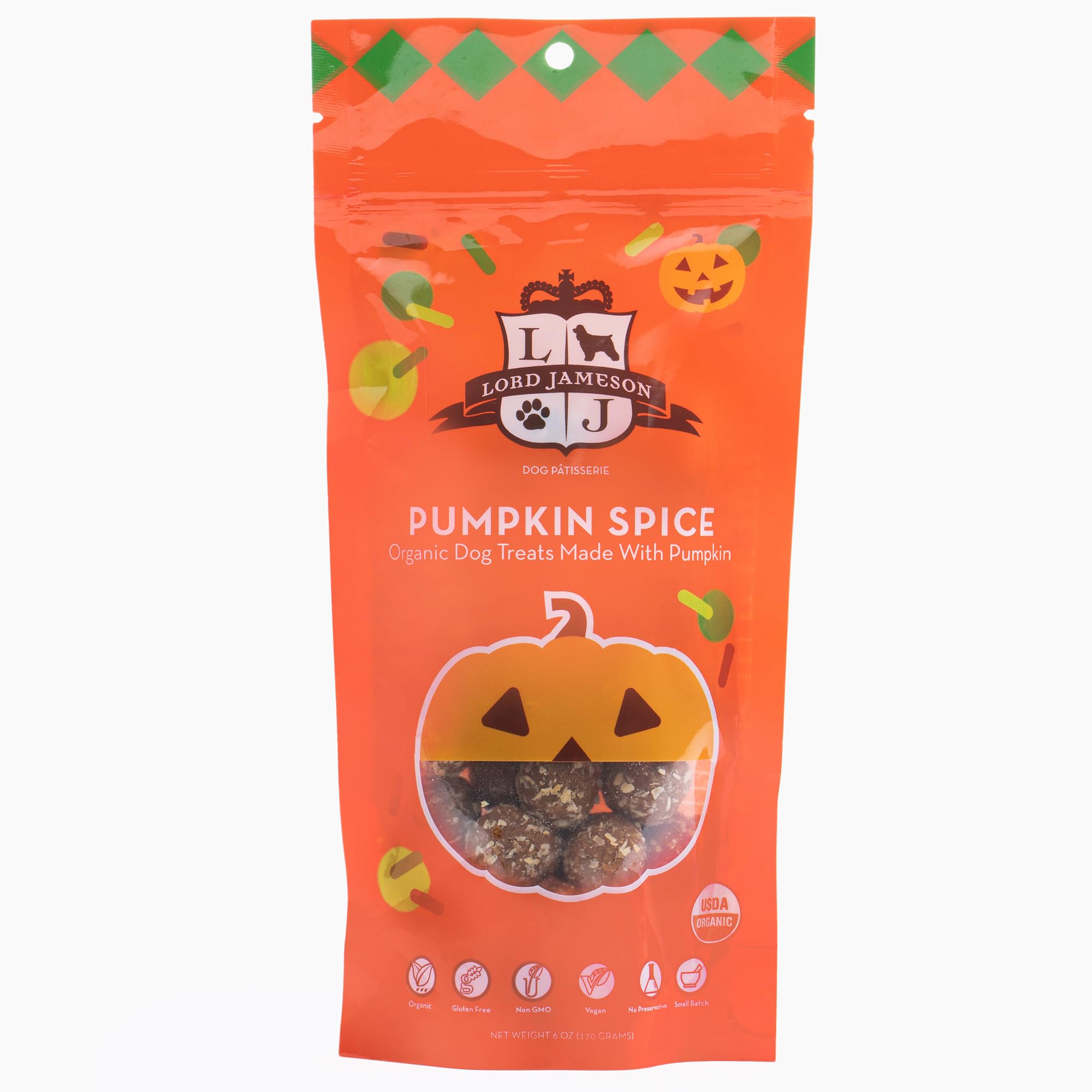 Lord Jameson: Pumpkin Spice 6 oz - Dog Patisserie Treats, Fall Holiday Collection, Organic, Soft & Chewy No-Bake Superfood Bites, Preservative Free