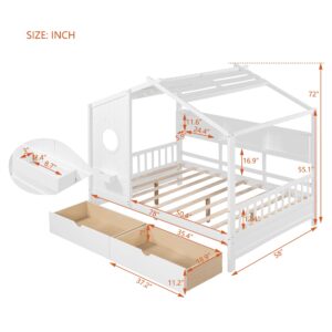 Linique Wooden Full Size House Bed with 2 Drawers and Storage Shelf,Full Platform Bed Frame with Pitched Roof,White