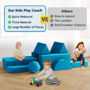 Kids Couch, 12PCS Fold Out Toddler Couch with 2 Balls and Tunnel, Modular Kids Couch for Playroom, Kids Play Couch for Kickball Game, Pitching Game, Over 30 Creative Gameplay Couch for Kids (Blue)