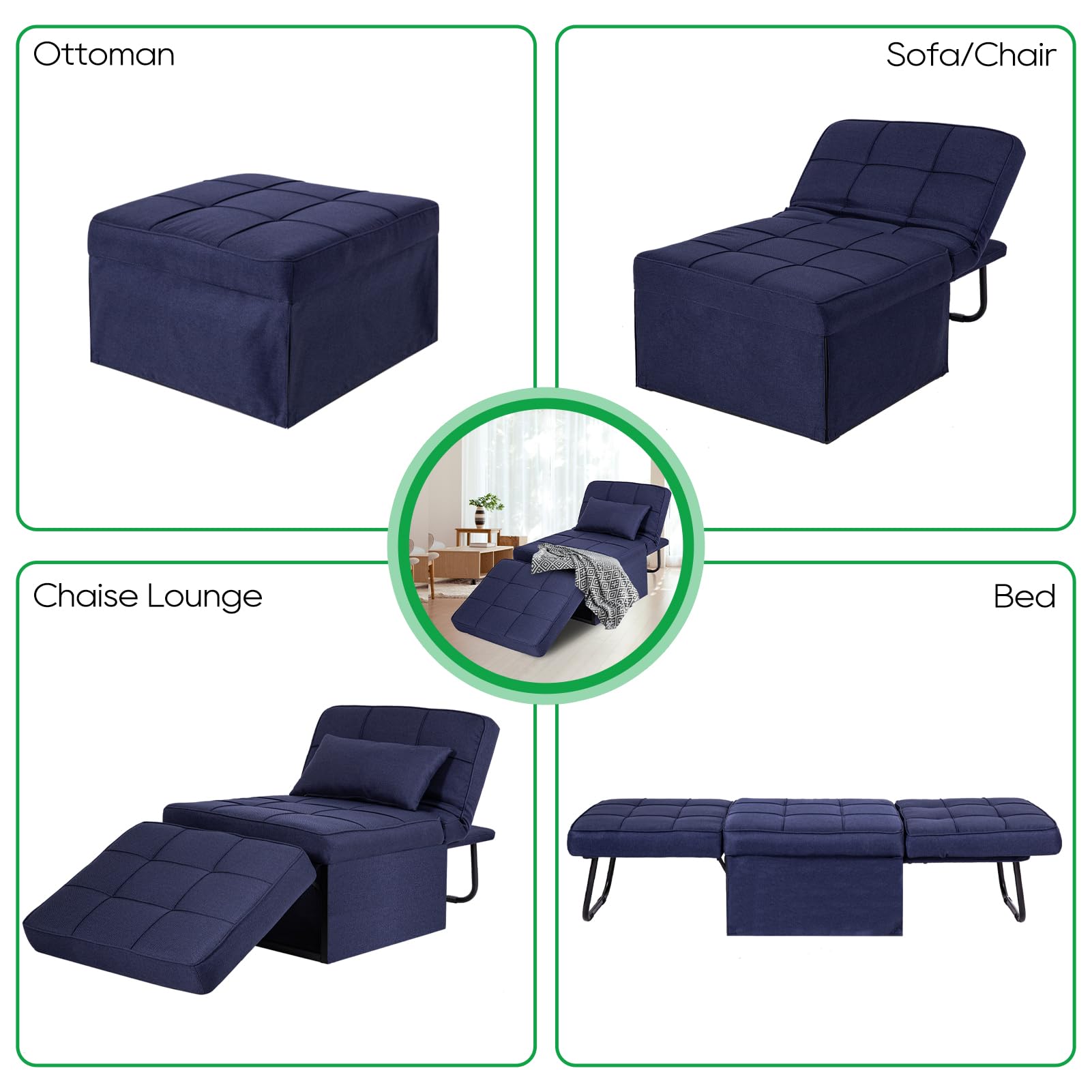 PORWEY Sleeper Chair Bed, 4-in-1 Convertible Futon Ottoman Bed Sleeper, Foldable Sofa Couch with Adjustable Backrest for Guest Room/Office Living Room, No Assembly Required, 29” Width, Dark Blue