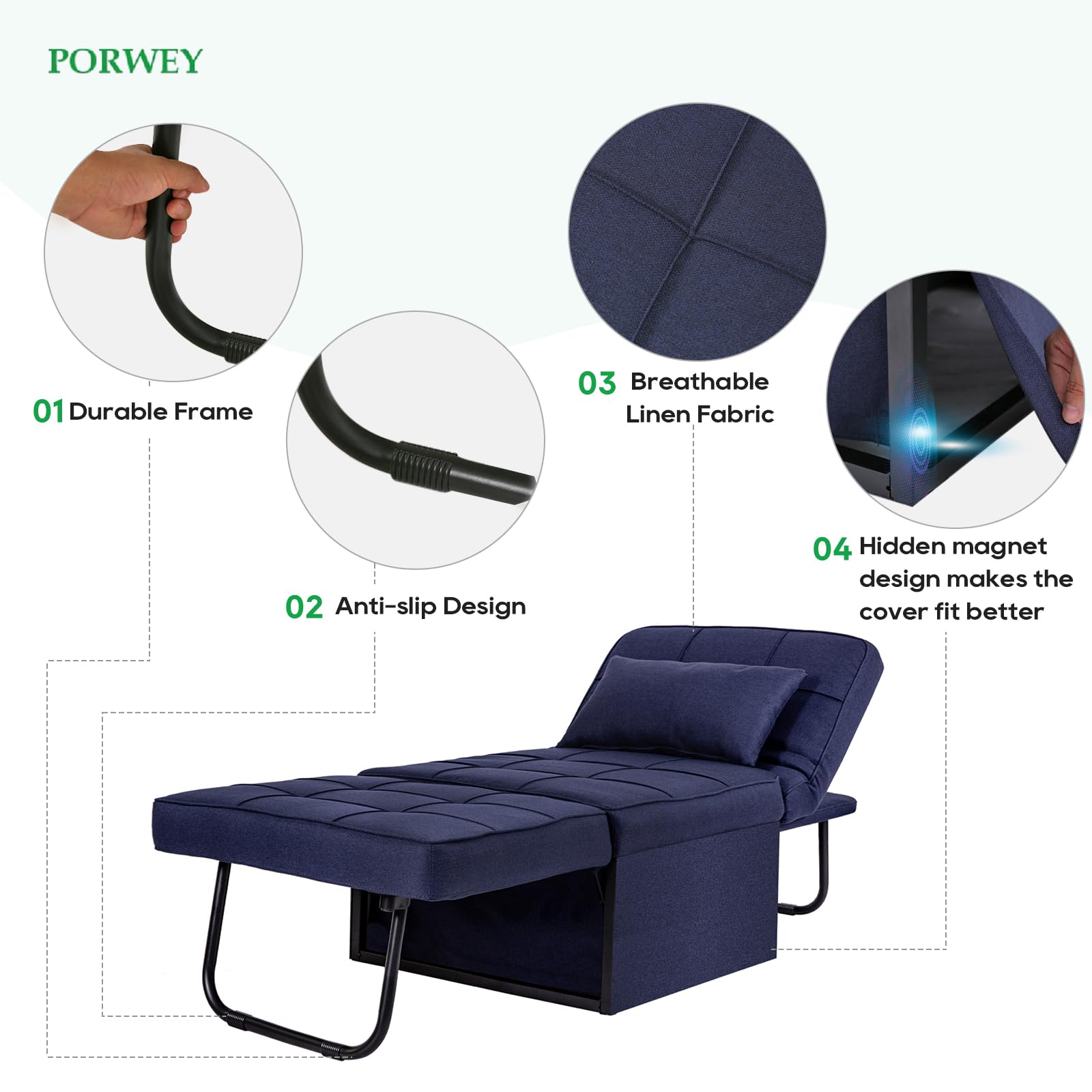 PORWEY Sleeper Chair Bed, 4-in-1 Convertible Futon Ottoman Bed Sleeper, Foldable Sofa Couch with Adjustable Backrest for Guest Room/Office Living Room, No Assembly Required, 29” Width, Dark Blue