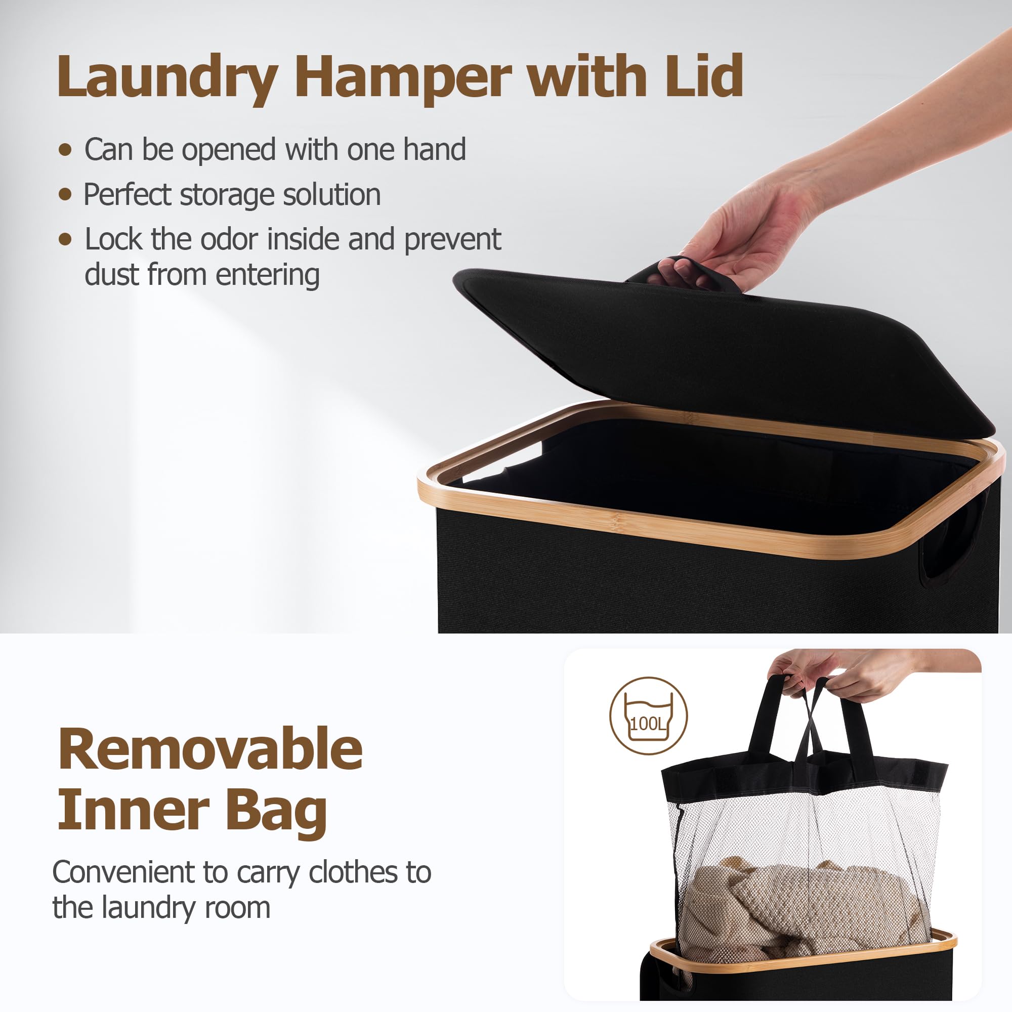 HBlife 100L Large Laundry Hamper with Lid and Removable Inner Bag, Collapsible Dirty Clothes Basket Organizer for Bathroom, Bedroom and Laundry Room, Black