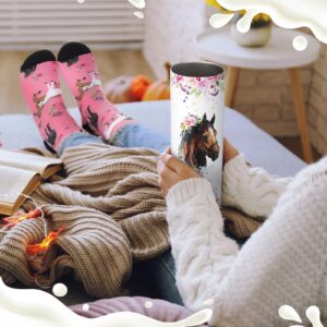 Umigy 2 Pcs Christmas Horse Gifts Horse Print Tumbler Pink Horse Socks for Women, 20 oz Skinny Water Tumbler with Lids Straw and Straw Brushes for Christmas Horse Lovers Gifts