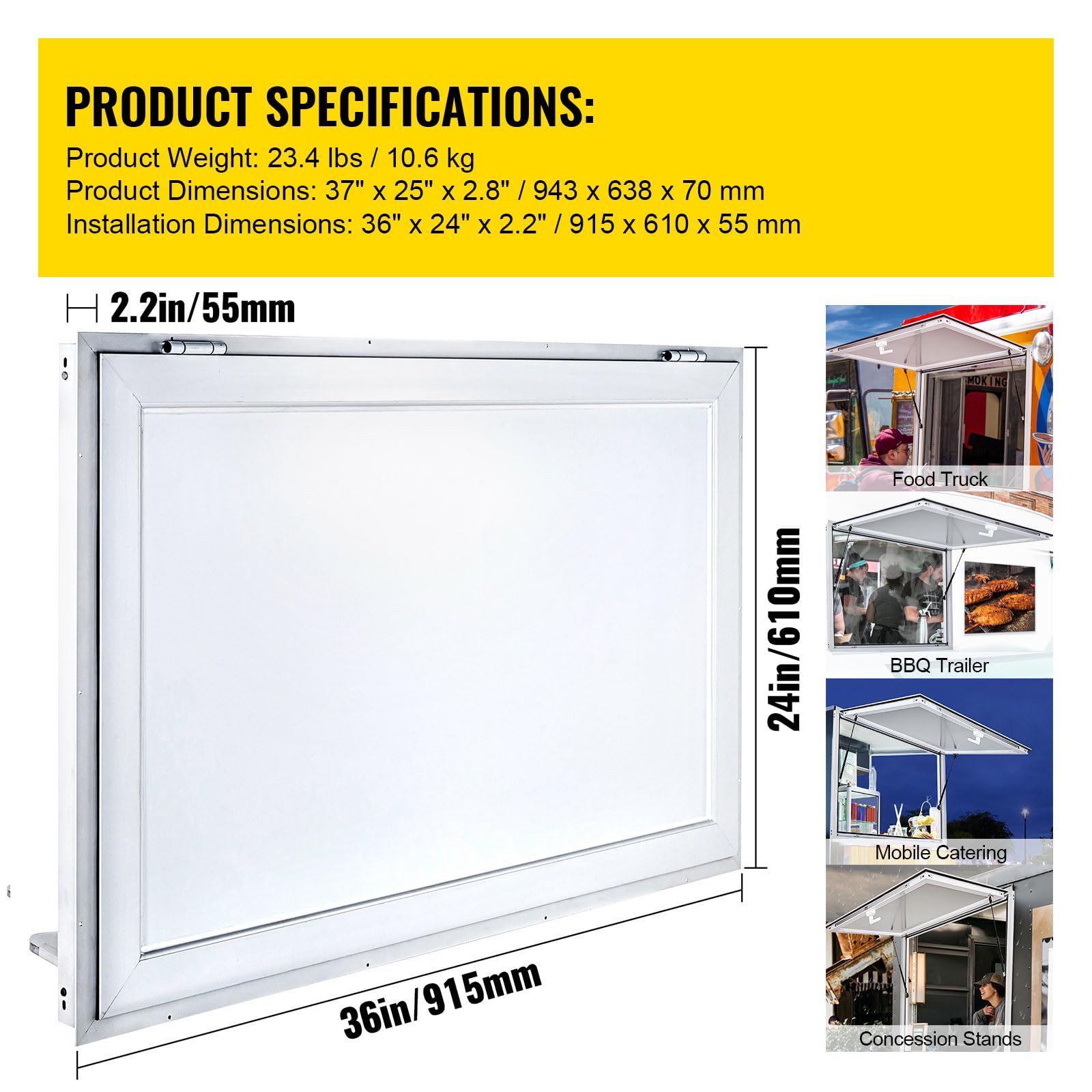 VEVOR Concession Window 36 x 24 Inch, Concession Stand Serving Window Door with Double-Point Fork Lock, Concession Awning Door Up to 85 Degrees for Food Trucks, Glass Not Included