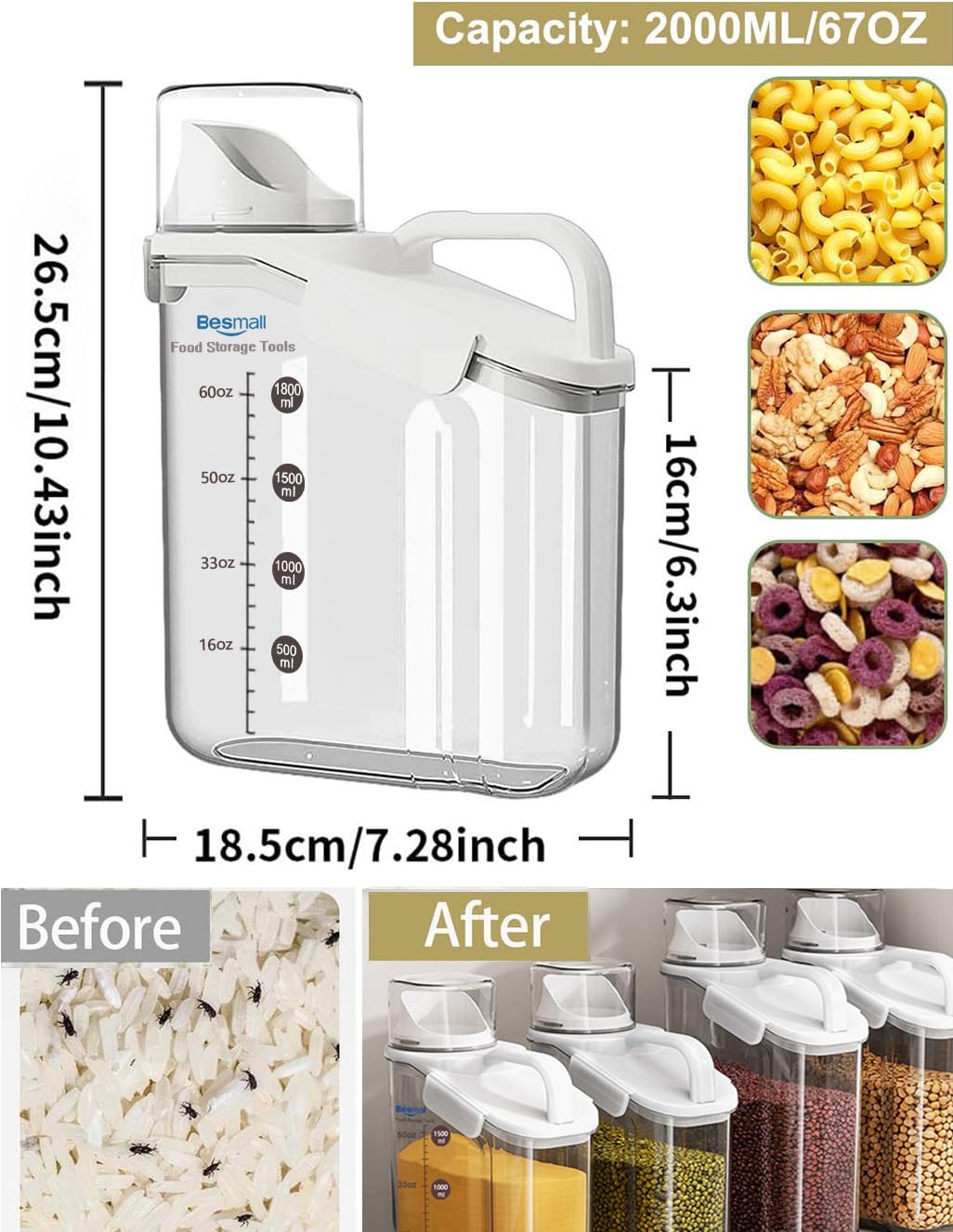 Besmall Cereal Containers Storage,2L Airtight Large Dry Food Storage Containers with Pouring Spout, Measuring Cup for Flour and Grain,BPA Free Plastic Dispenser