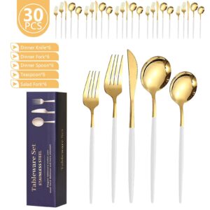 Kawlity Stainless Steel Serving Flatware Durable White & Gold Polished Knives Spoon Forks 30 Pcs Utensil Dinner Tableware, for Kitchen Dishwasher Adults and Children Ideal Gift