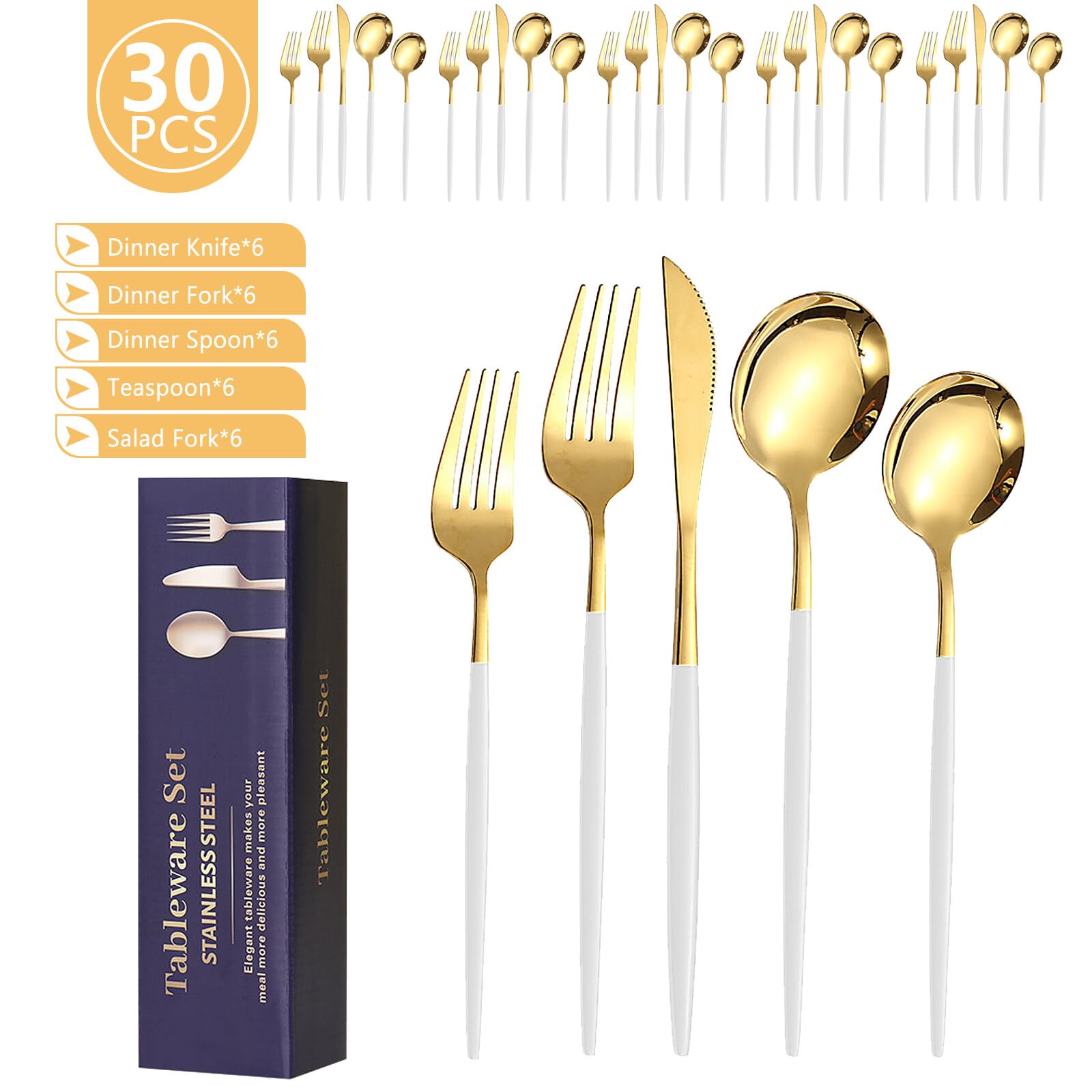 Kawlity Stainless Steel Serving Flatware Durable White & Gold Polished Knives Spoon Forks 30 Pcs Utensil Dinner Tableware, for Kitchen Dishwasher Adults and Children Ideal Gift