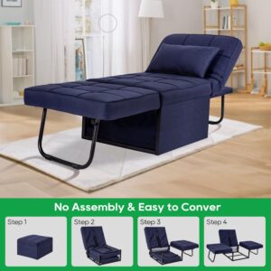 PORWEY Sleeper Chair Bed, 4-in-1 Convertible Futon Ottoman Bed Sleeper, Foldable Sofa Couch with Adjustable Backrest for Guest Room/Office Living Room, No Assembly Required, 29” Width, Dark Blue