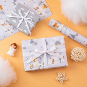 WRAPAHOLIC Reversible Baby Shower Wrapping Paper - Mini Roll - 17 Inch X 33 Feet - Grey Animal Design Neutral Baby Shower, Boys Girls Kids Birthday