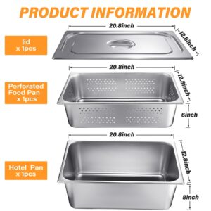 Ferraycle 3 Pack Full Size 6 Inch, 8 Inch Hotel Pan with Lid Set Include Pan Perforated Steam Pan Steam Table Pan Cover Restaurant Supplies for Kitchen, Steam Table Tray for Food Warmer