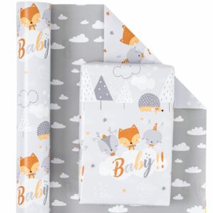 WRAPAHOLIC Reversible Baby Shower Wrapping Paper - Mini Roll - 17 Inch X 33 Feet - Grey Animal Design Neutral Baby Shower, Boys Girls Kids Birthday