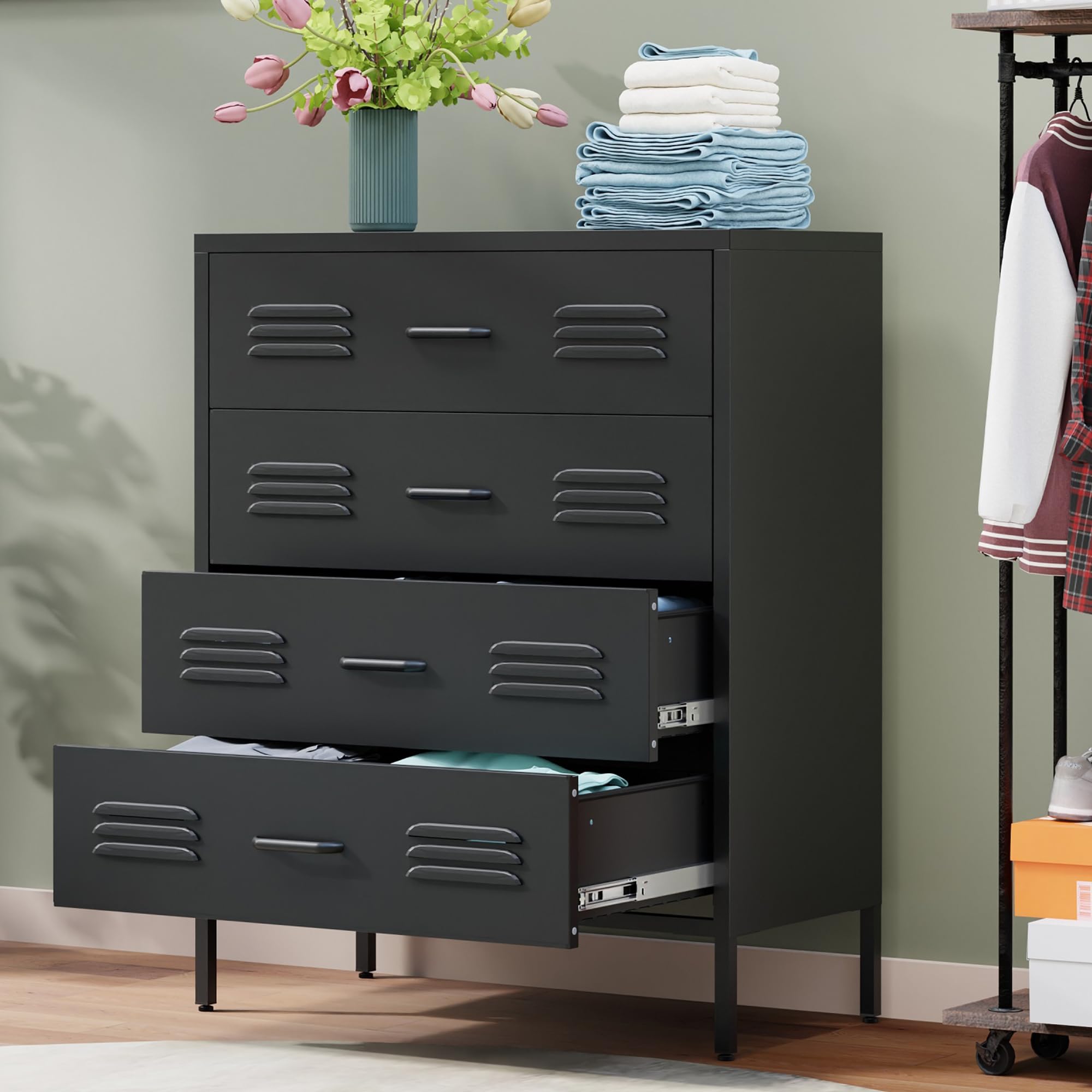 LCAOPC Black Metal 4 Drawer Dresser for Bedroom, Chest of Drawers for Closet, Bedroom Dressers with Drawers, Metal Dressers & Chests of Drawers for Office, Bedroom, Living Room and Entryway