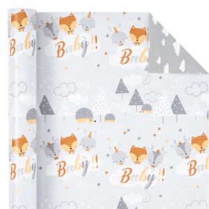 WRAPAHOLIC Reversible Baby Shower Wrapping Paper - Mini Roll - 17 Inch X 33 Feet - Grey Animal Design Neutral Baby Shower, Boys Girls Kids Birthday