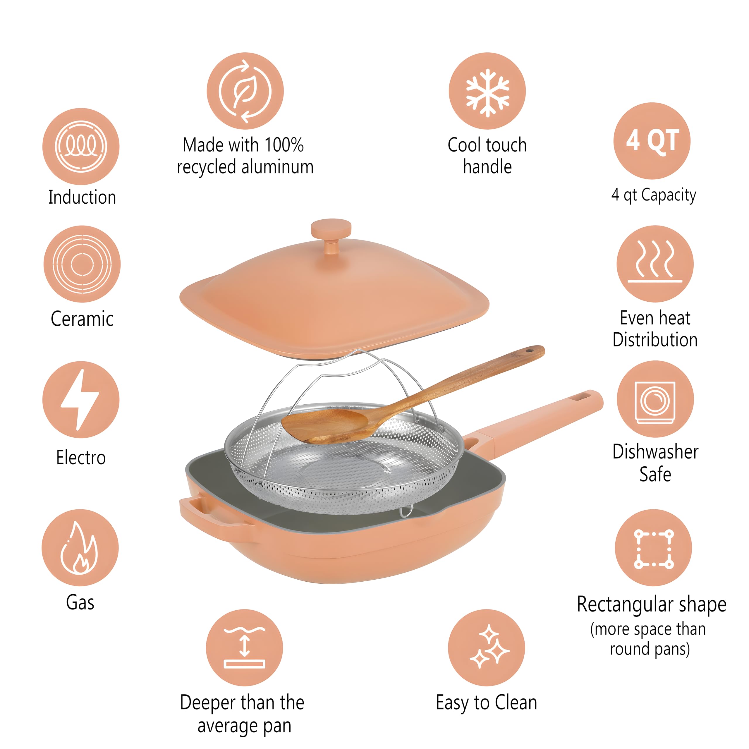 Nonstick Ceramic Saute Pan with Steamer, Non Toxic Deep Frying Pan with Spatula, PFOA,PFOS,Lead & Cadmium Free,Dishwasher Safe,4 Qt,11-inch, Terracotta,All in One Pan,ceramic pan saute pan with lid