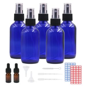 omawrf 5pcs blue boston glass spray bottles for essential oils, 4oz empty small fine mist spray bottle with 5ml dropper bottles, funnel, pipette, labels,brush travel spray bottle (120ml, blue)