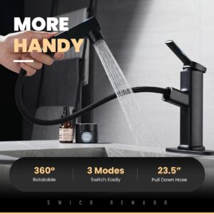 Bathroom Sink Faucet with Pull Down Sprayer, Single Handle Fountain Faucet for Bathroom Modern One Hole Bathroom Faucet (Matte Black)