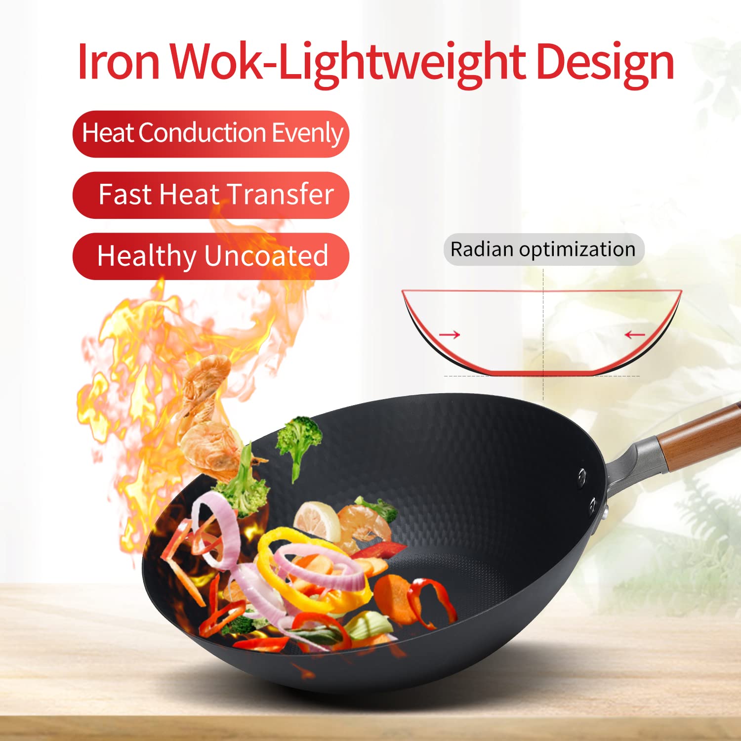 WANGYUANJI Iron Wok,12.59" Lightweight Woks and Stir Fry Pans,Wooden Handle Carbon Steel Wok No Chemical Coated Flat Bottom Wok for Induction, Electric, Gas, Halogen All Stoves