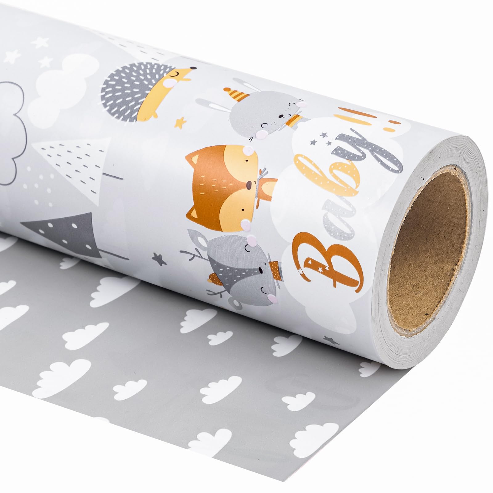 WRAPAHOLIC Reversible Baby Shower Wrapping Paper - Mini Roll - 17 Inch X 33 Feet - Grey Animal Design Neutral Baby Shower, Boys Girls Kids Birthday