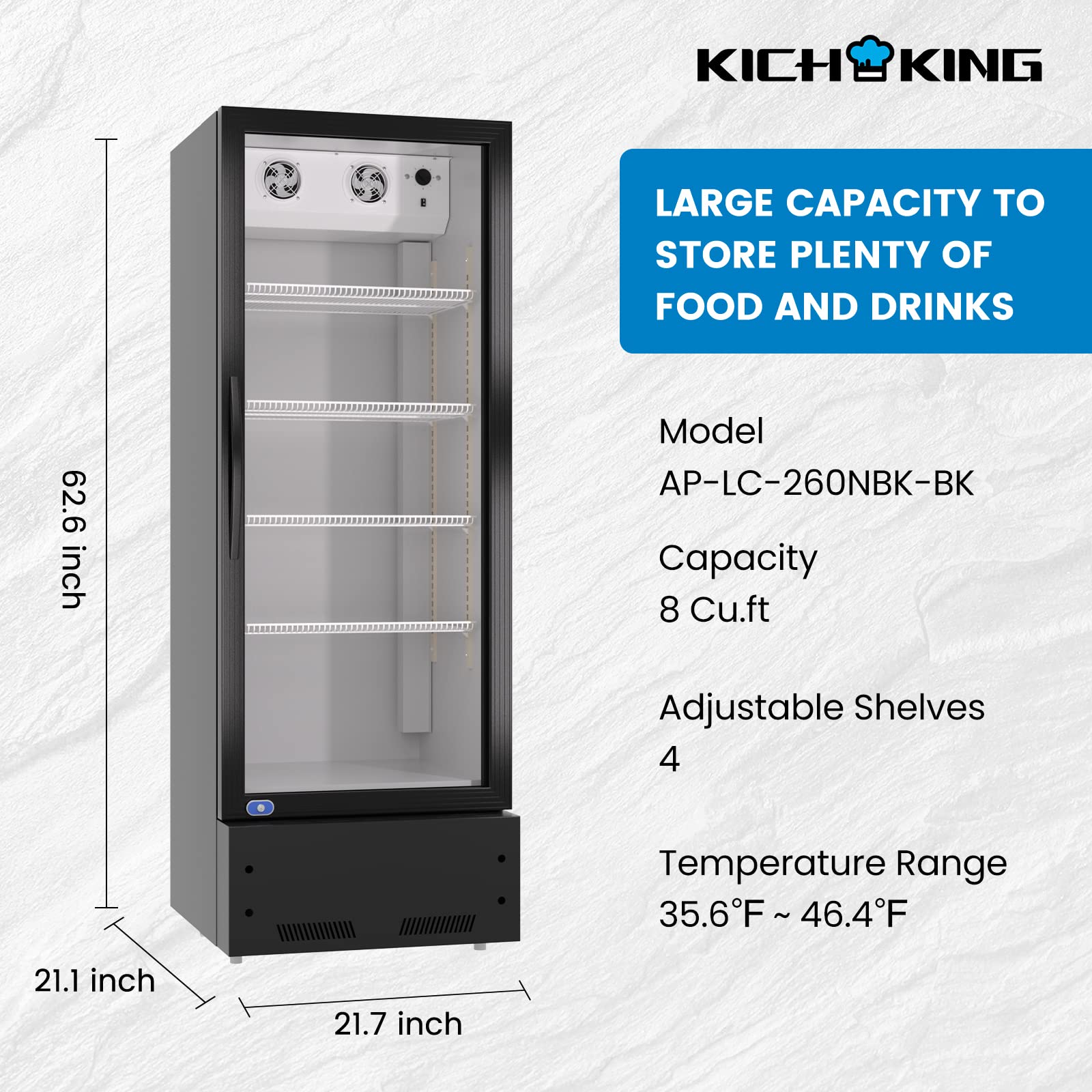 KICHKING 8 Cu.ft Merchandiser Refrigerator, 35~46℉, 21.7" W Glass Door Upright Display Refrigerator, Beverage Cooler, LED Lighting, Drink Fridge-Black, for Home Restaurant Grocery Stores