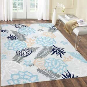 caremee large area rug 8x10 floral rug large botanical accent area rug washable living room bedroom rug non-shedding indoor carpet low pile throw rug for office bedroom dining room, blue/light grey