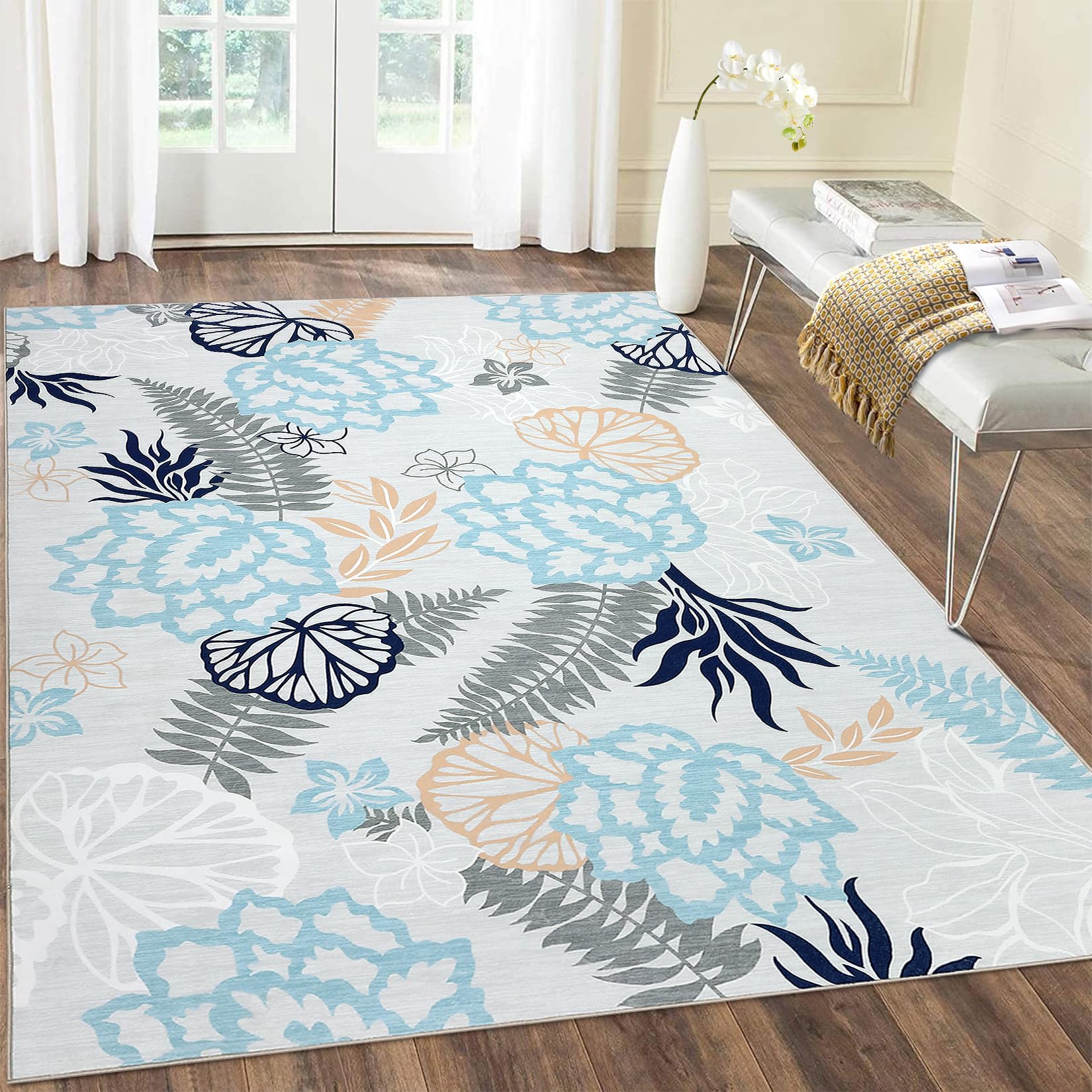 CAREMEE Large Area Rug 8x10 Floral Rug Large Botanical Accent Area Rug Washable Living Room Bedroom Rug Non-Shedding Indoor Carpet Low Pile Throw Rug for Office Bedroom Dining Room, Blue/Light Grey