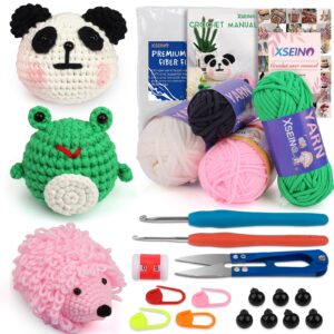 xseino crochet kit for beginners - crochet start kit with step-by-step video tutorials - learn to crochet kits for adults and kids - panda, frog, hedgehog