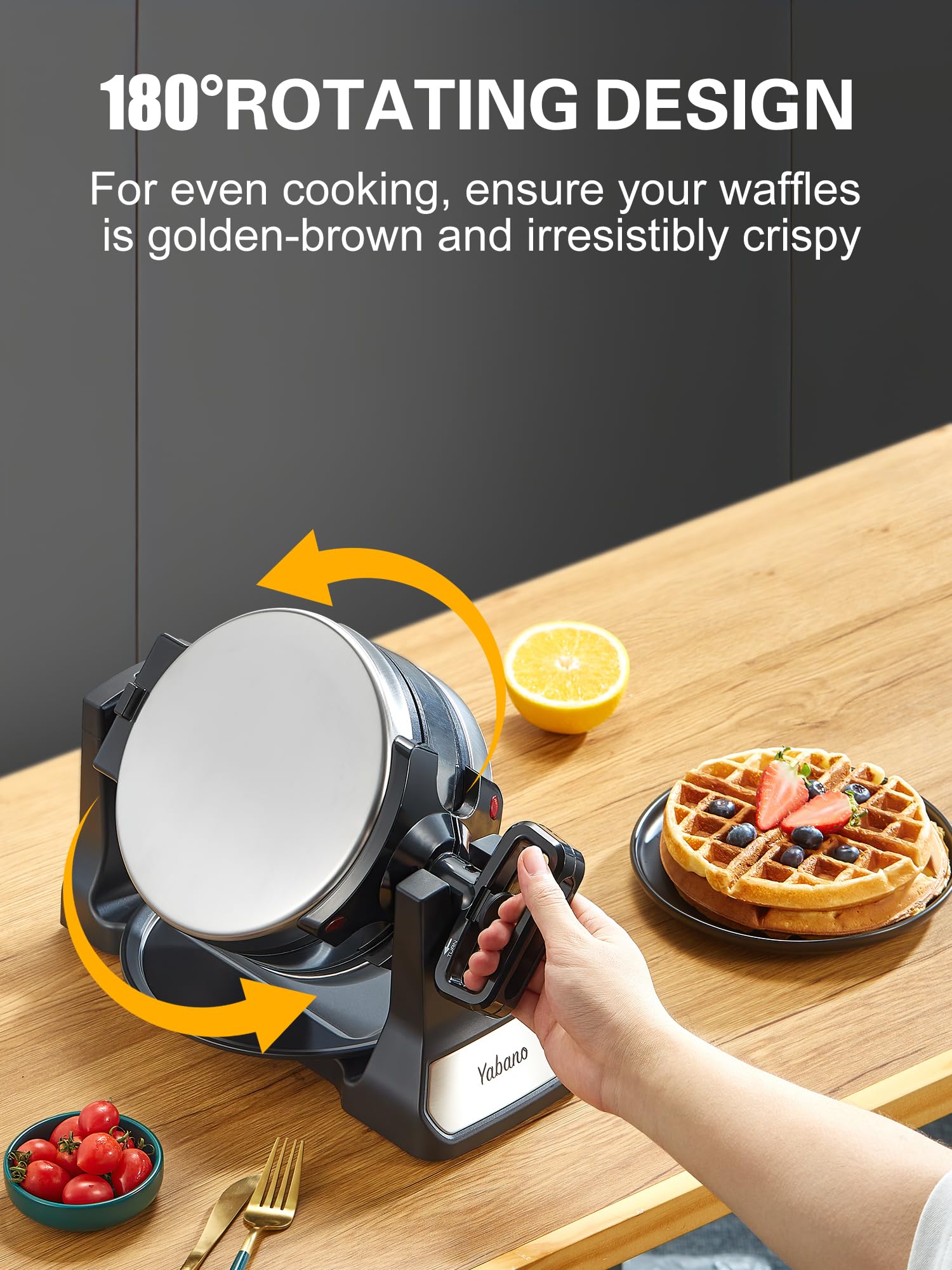 Belgian Waffle Maker, Classic Rotating Waffle Iron with Nonstick Plates, Removable Drip Tray and Cool Touch Handles, Double Flip Waffle, Rotating Belgium Waflera Maker by Yabano, Brushed Stainless