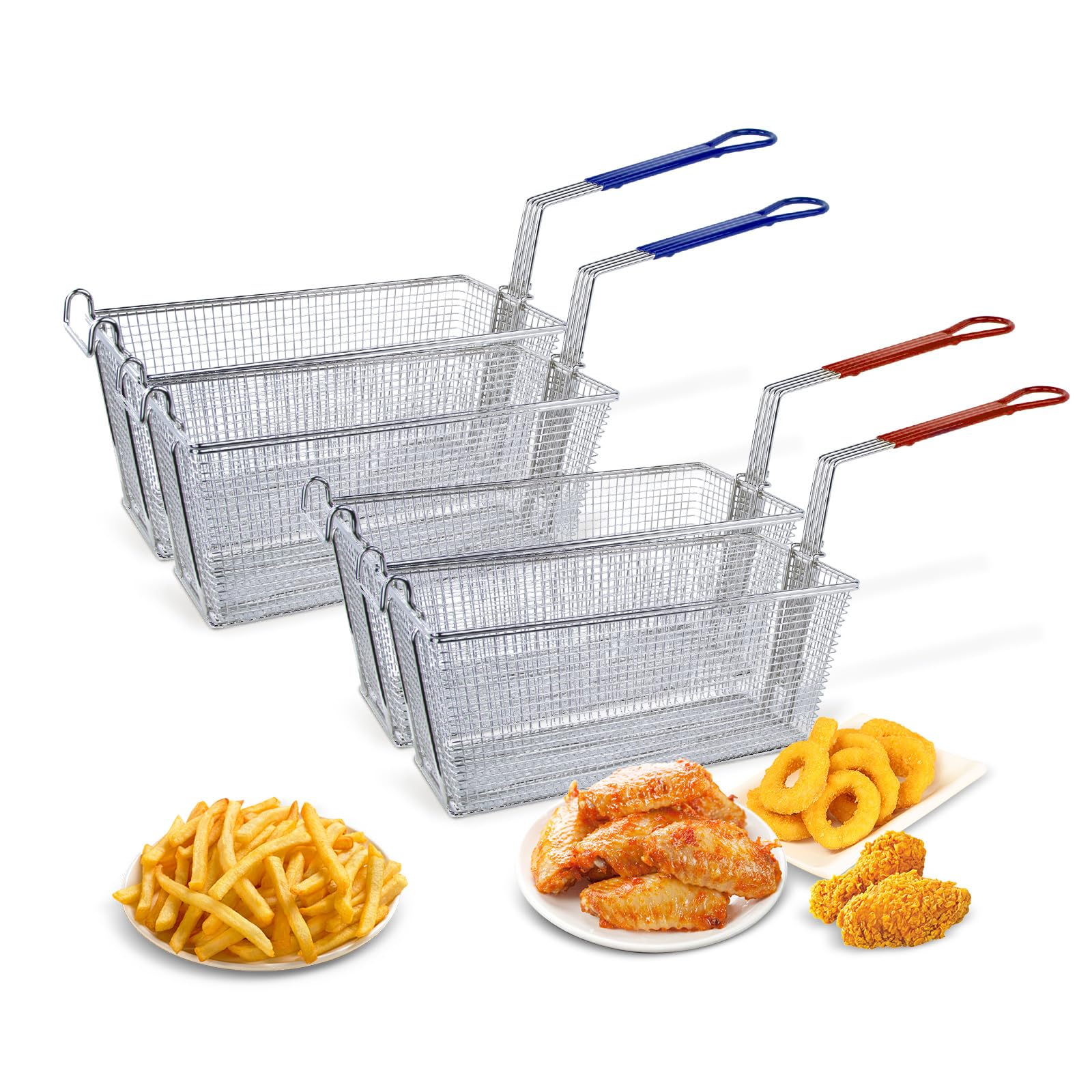 EASYROSE 4Pcs Deep Fry Basket Commercial Deep Fryer Basket with Non-slip Handle, 13 1/4" x 6 1/2" x 6" Stainless Steel French Fries Basket for Restaurant Kitchen