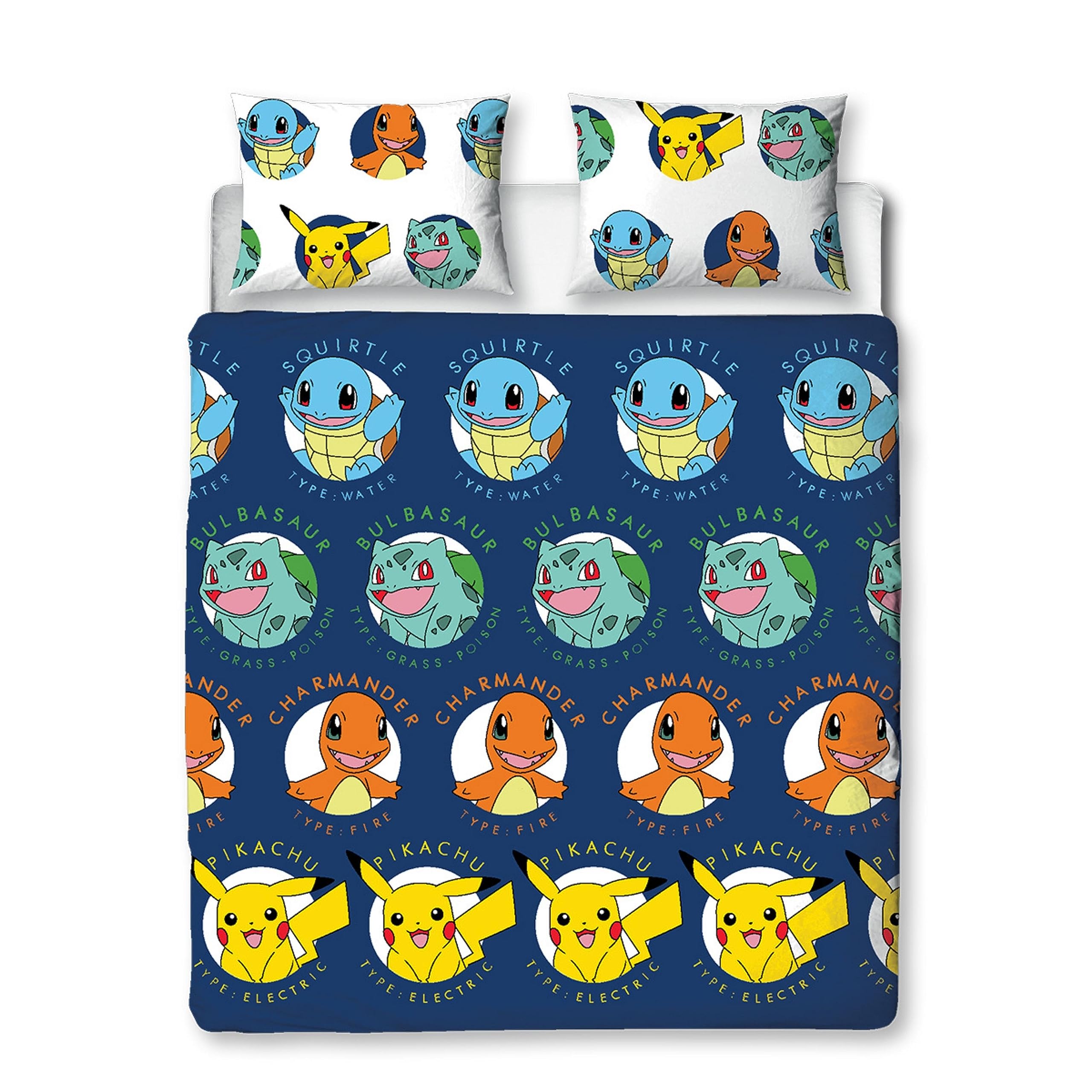 Character World Pokemon Official Double Duvet Cover Set, Gotta Design | Blue Reversible Pikachu Squirtle Charmander 2 Sided Bedding Cover Official Merchandise Including Matching Pillow Cases