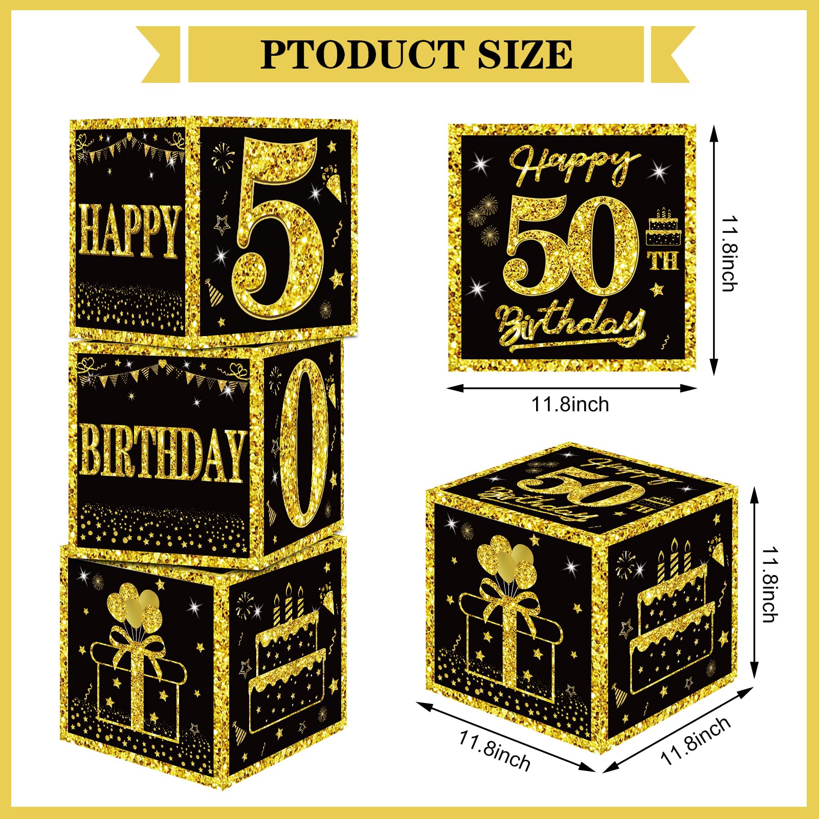 Eiurteao 3pcs 50th Birthday Decorations Boxes for Men Women, Black Gold Happy 50 Birthday Balloons Boxes Party Supplies, 50 Year Old Bday Theme Cardboard Box