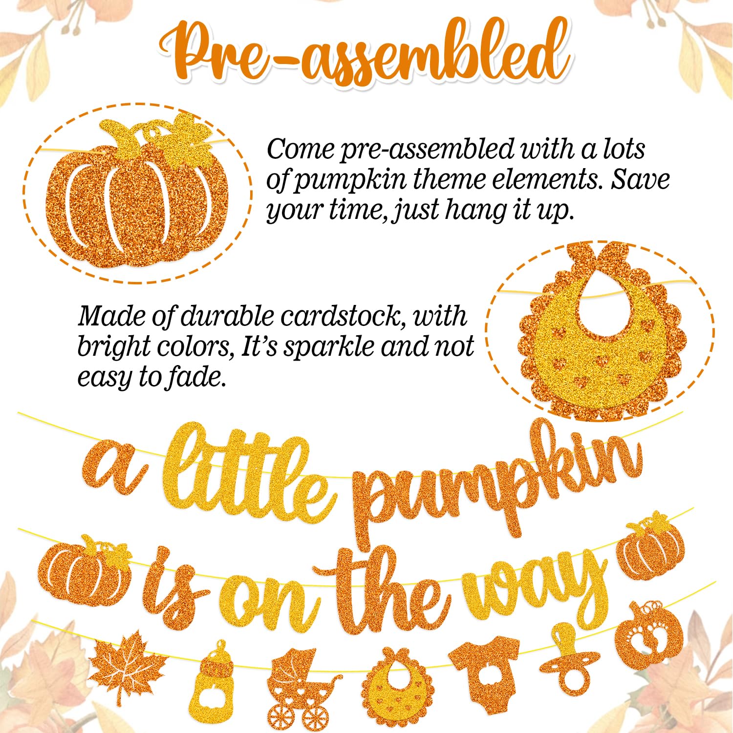 A Little Pumpkin is on The Way Banner Glitter Orange Gold Little Pumpkin Baby Shower Party Decoration Little Girl Boy Fall Pumpkin Autumn Harvest Theme A Little Pumpkin is on the His Way Gender Reveal