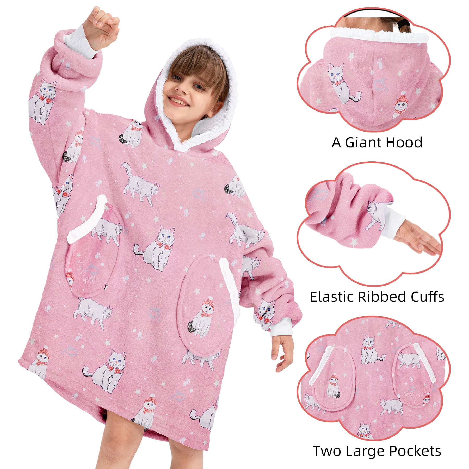 Zando Pink Blanket Hoodie Cat Blanket Kids Oversized Wearable Blanket Hoodies Cozy Warm Hooded Blanket for Boys Girls Sherpa Blanket Hoodie with Pocket Thick Fleece Sweater Blanket Gift for Teens