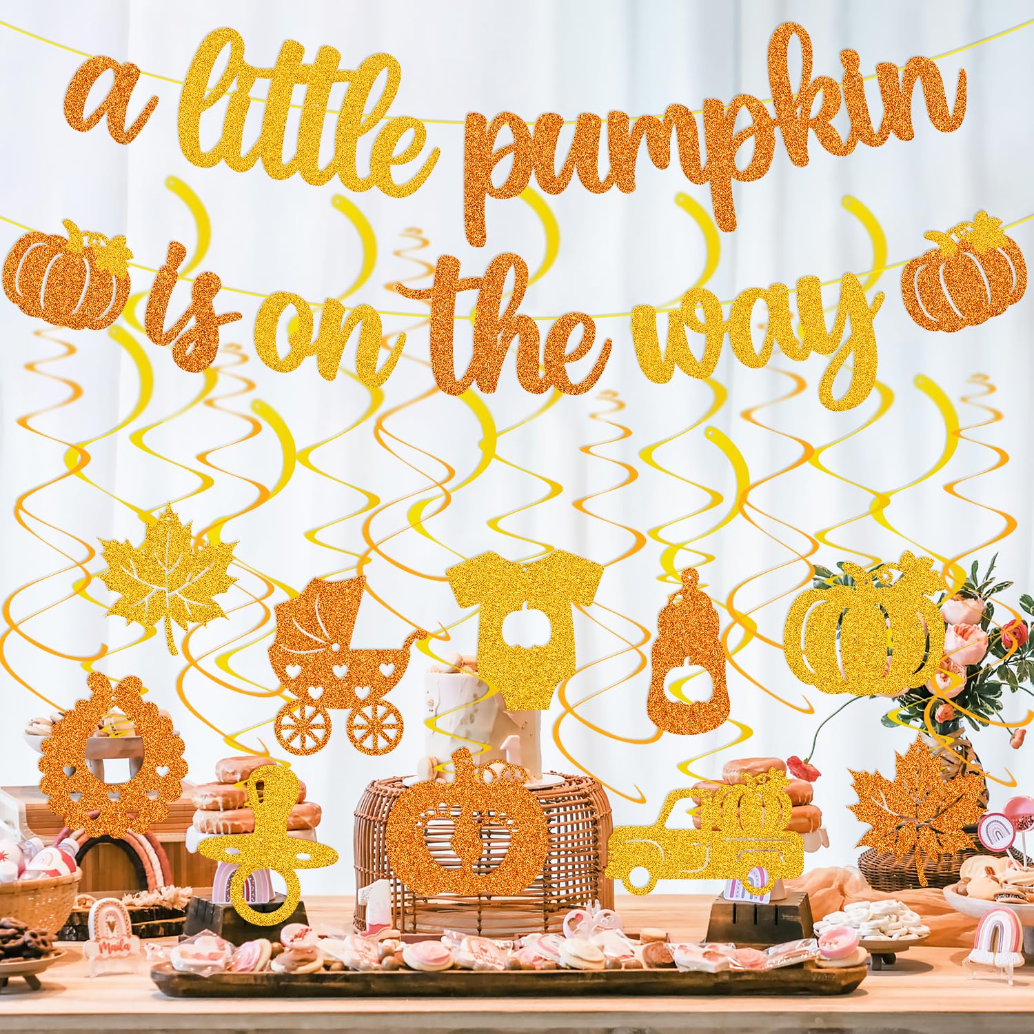 Pumpkin Baby Shower Decorations A Little Pumpkin is on The Way Banner Glitter Orange Baby Shower Hanging Swirls Party Decoration Fall Pumpkin Thanksgiving Theme Gender Reveal Birthday Party Supplies